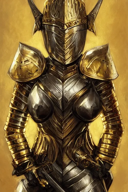 Prompt: Gorgeous Blond Lady Knight in an ornamental Gold and Black armor, fantasy, symmetry, by Frank Franzetta, trending on Artstation, trending on Deviantart, artstationHQ, artstationHD, full color