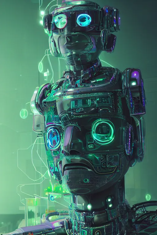 Image similar to a robot with chives on his head, cyberpunk art by Mike Winkelmann and beeple, by Filip Honda, trending on cgsociety, panfuturism, made of chives, glitch art, rendered in cinema4d,