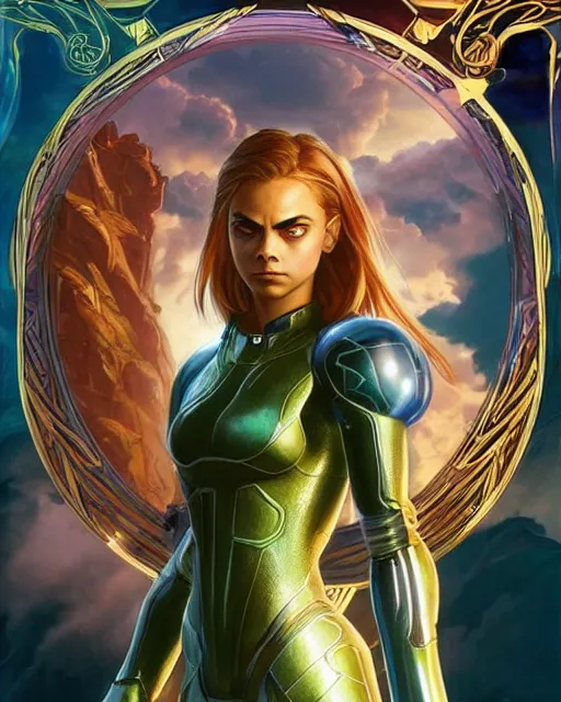 Image similar to Symmetric movie poster of Cara delevingne as Samus Aran , Epic Fantasy cover art, ultra wide lens shot,cinematic lighting, beautiful,art by Artgerm and Greg Rutkowski and Alphonse Mucha