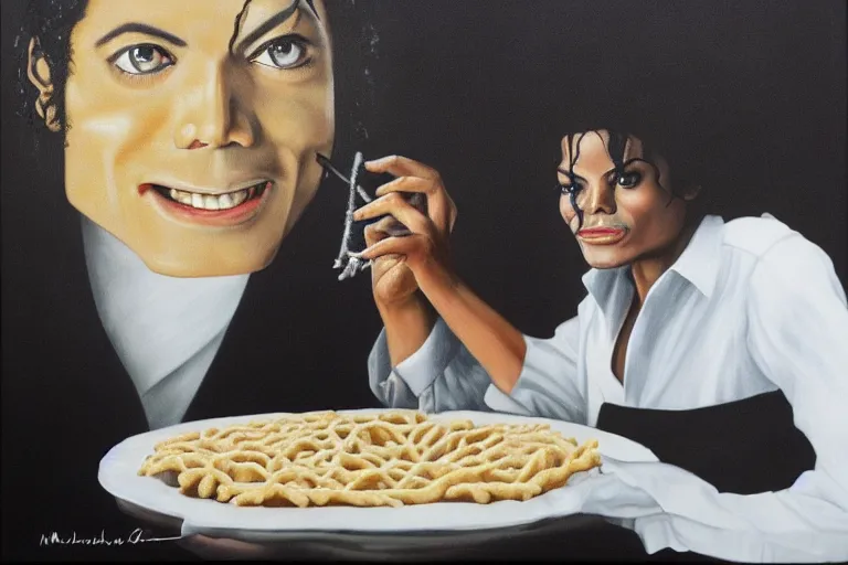 Image similar to michael jackson eating a funnel cake portrait in oil on black velvet, in frame, 4 k, hyper - realistic