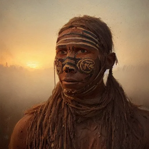 Prompt: masterpiece painting of a portrait of a native incan man covered in mud wearing a wooden mask, sunset in a foggy swamp, by greg rutkowski and noah bradley, trending on artstation