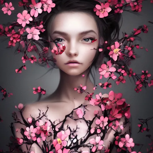 Image similar to beautiful girl in a dress made of black roses and cherry blossoms, beautiful portrait, symmetrical, character concept style trending on artstation concept art detailed octane render cinematic photo - realistic 8 k high detailed