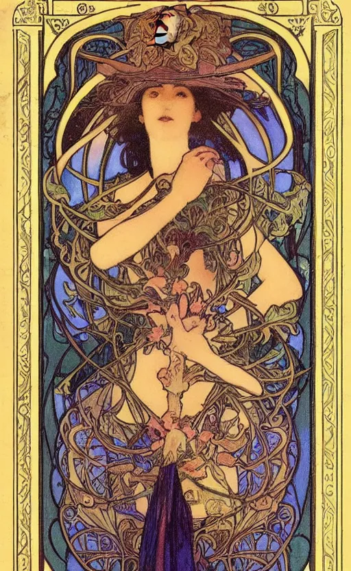 Image similar to the magician, tarot, beautiful border, by alfons maria mucha, highly detailded