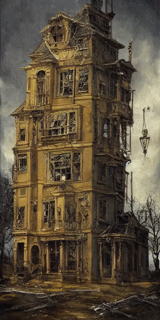 Image similar to detailed baroque oil painting of a singular dilapidated victorian house made of pipe organ parts, style of goya and fritz lang and alan lee, trending on artstation