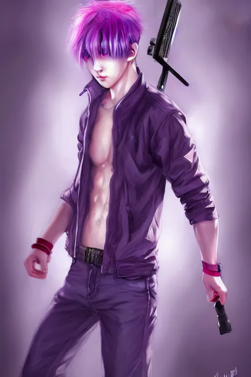 Image similar to gorgeous!!! hyper - realistic teenager boy with purple hair, purple eyes with red eye markets, slim body, wearing combat japanese clothes, holding a fan | drawn by wlop, drawn by jeehyung lee, drawn by artgerm | intricate, highly detailed, digital painting, character design, concept art, illustration, artstation