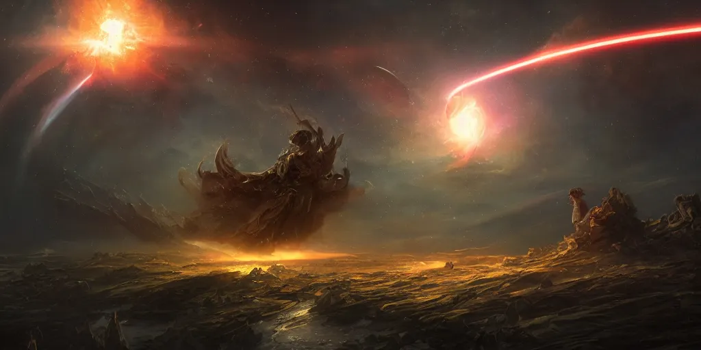 Image similar to epic portrait an planet being destroyed by lasers from freighters, dark, stars, glowing, fire, digital painting, artstation, concept art, soft light, hdri, smooth, sharp focus, illustration, fantasy, intricate, elegant, highly detailed, D&D, matte painting, in the style of Greg Rutkowski and Alphonse Mucha and artemisia, 8k, highly detailed, jurgens, rutkowski, bouguereau, pastoral, rustic, georgic