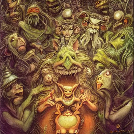 Prompt: fantasy illustrations and concept art for jim henson's labyrinth goblins by brian froud