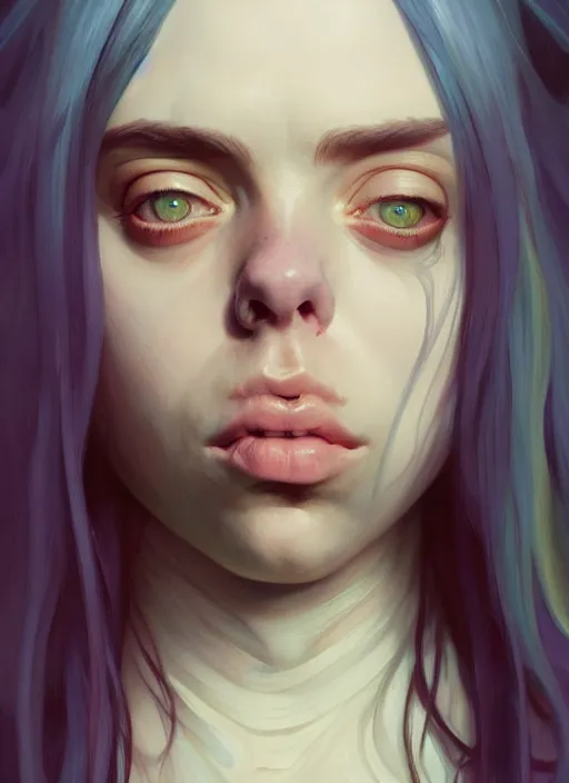 Image similar to Overlord Billie Eilish, body portrait, slight smile, highly detailed, digital painting, artstation, concept art, sharp focus, illustration, art by wlop and greg rutkowski and alphonse mucha and artgerm