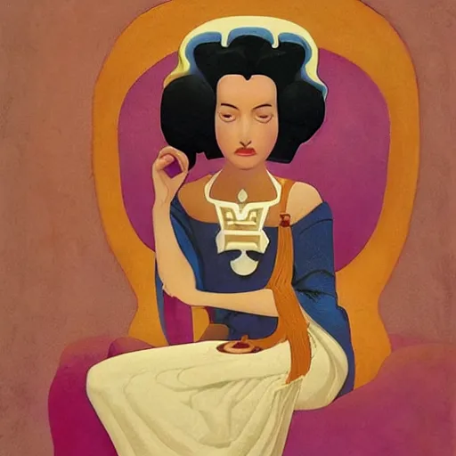 Image similar to an illustration of a fair skin with dark curly stylised hair queen on an ivory throne, by nicholas roerich, by frank frazetta by georgia o keeffe by frederick william elwell, by otomo, by hans emmenegger, by eyvind earle highly detailed, realistic, outline, line work, fantasy, oriental, stylised flat colors, animation