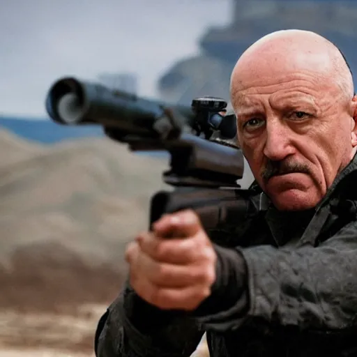 Image similar to Film Still of Mike Ehrmantraut aiming a sniper rifle in a new Breaking bad movie, 8k, highly detailed, centered