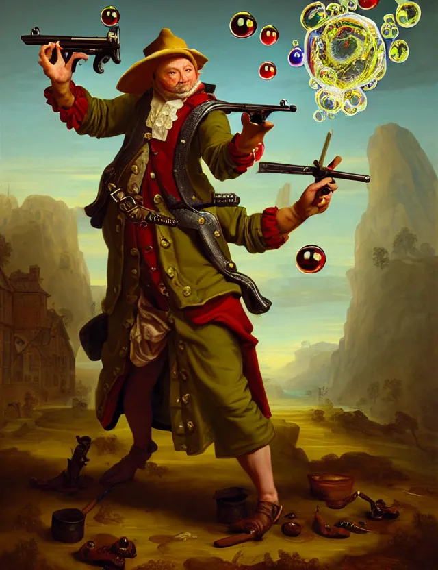 Prompt: anthropomorphic bipedal frog that is dressed as a medieval worker, and dual wielding revolver pistols, as a baroque oil painting and d & d character art, by alexander roslin, standing, fullbody, floating bubbles, enlightenment, mystic, concept art, award - winning, extremely detailed, sharp focus