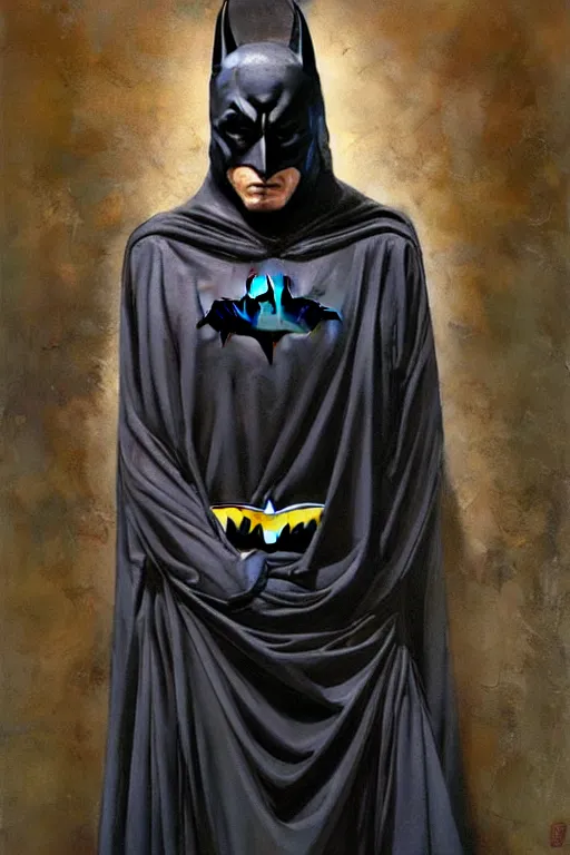 Prompt: very beautiful oil painting of a flowing batman gown by peter chung + loish + rembrandt + anne leibovitz + moebius + craig mullins + margaret keane, detailed, symmetrical, art nouveau, high fashion, aeon flux style,