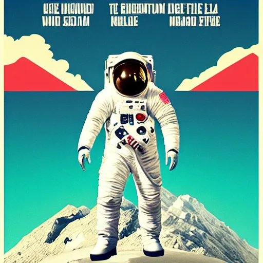 Prompt: a movie poster with an astronaut standing in front of a mountain, a poster by Niels Lergaard, reddit contest winner, incoherents, imax, movie poster, criterion collection