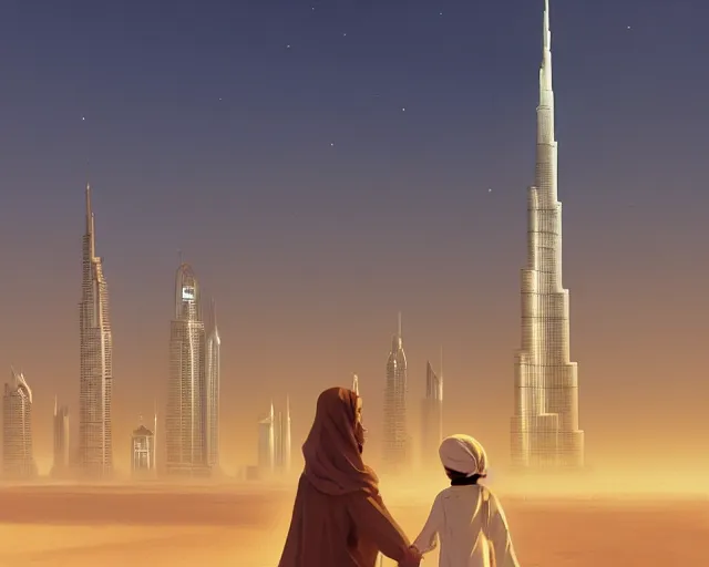 Image similar to dubai city and burj khalifa in front big desert, atmospheric lighting. by makoto shinkai, stanley artgerm lau, wlop, rossdraws, james jean, andrei riabovitchev, marc simonetti, krenz cushart, sakimichan, d & d trending on artstation, digital art.