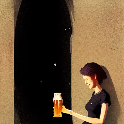 Image similar to a girl drinking beer in black hole, detailed digital art by greg rutkowski.