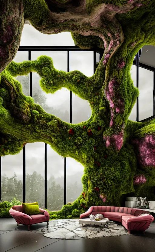 Image similar to highly detailed villa natural beautiful light interior soft cinematic composition of a smooth ceramic porcelain biomorphic magnolia stone nebula fluid sci - fi surreal colorful architecture landscape, furniture, granite, trees, marble, moss, lichen, fungi, vincent callebaut composition, mamou - mani, archviz, 8 k, unreal engine, hdr