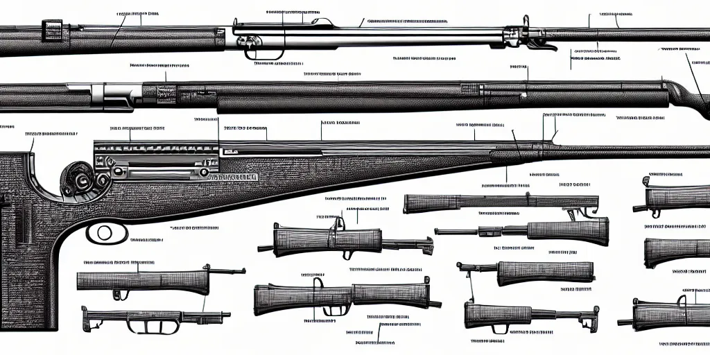 Image similar to a full page schematic diagram illustration of a lever - action rifle, ultra detailed, 4 k, intricate, encyclopedia illustration, fine inking lines