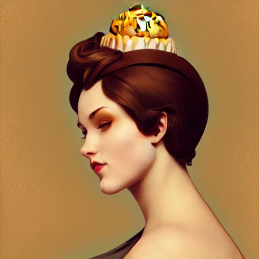 Prompt: curvy woman with short hair and a bundt cake on her head, digital art, cinematic, concept art, 8k, painting, imaginefx, cgsociety, art nouveau, Alphonse Mucha, trending on artstation, medium shot, head shot