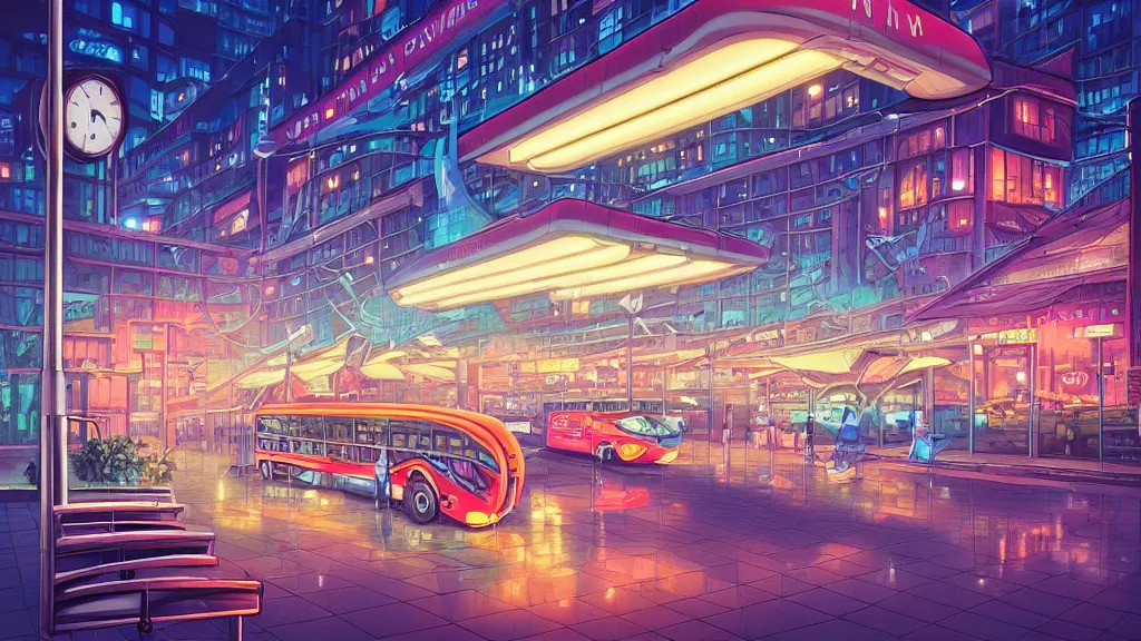 Image similar to bus terminal in the the city at night by cyril rolando and naomi okubo and dan mumford. flying cars. advertisements. neon.