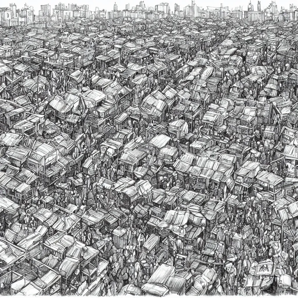 Image similar to a black and white drawing of a busy fish market stretching to the horizon, a storybook illustration by mattias adolfsson, behance contest winner, modern european ink painting, matte drawing, storybook illustration, panoramic, isometric