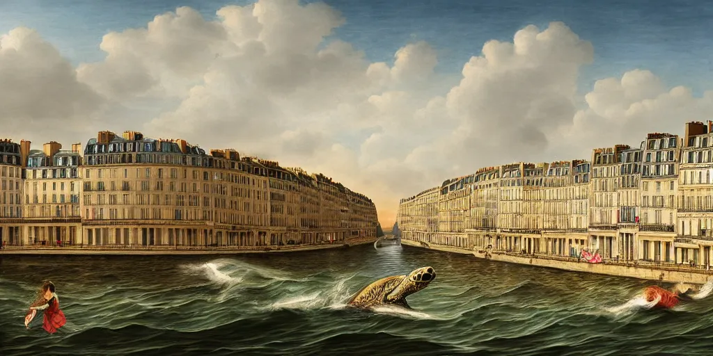 Image similar to master piece stunning digital painting of a parisian small city contained on the top of a giant sea turtle