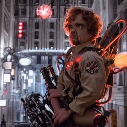Image similar to stunning awe inspiring peter dinklage as a ghostbuster in the movie ghostbusters, movie still 8 k hdr atmospheric lighting