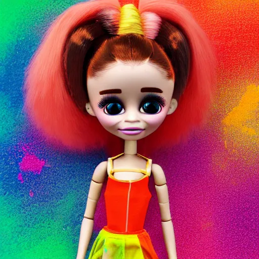 Prompt: 3D render of an extremely cute and adorable colorful vibrant holi nebula scarecrow Ariana Grande Bratz doll with a modern futuristic hairstyle, designed by Mark Ryden and Margaret Keane, white background, ambient occlusion