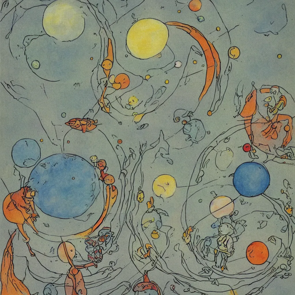 Prompt: single planet, cute, art print, lithography, baby room, by elsa beskow, saturn