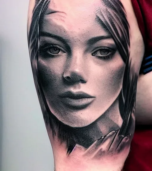 Image similar to double exposure of a beautiful mountain scenery with a beautiful woman face, tattoo design sketch, in the style of matteo pasqualin, hyper - realistic, amazing detail, black and white, faded