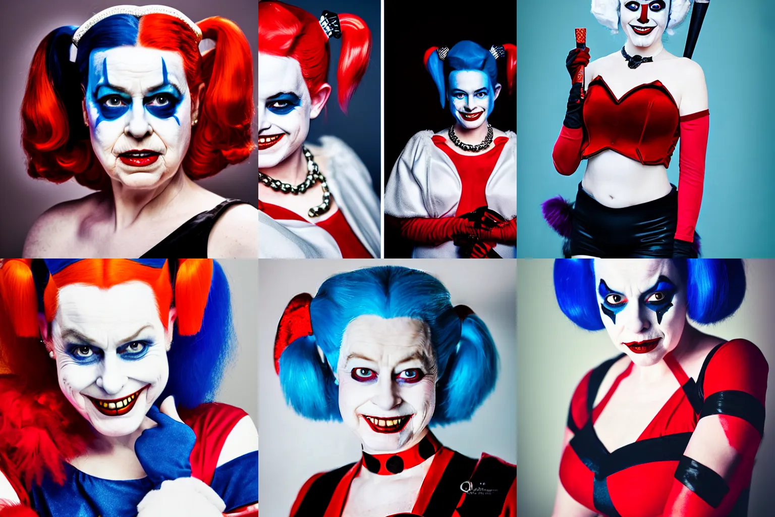 Prompt: Queen Elizabeth dressed as Harley Quinn, professional portrait photo, soft light, 80 mm lens