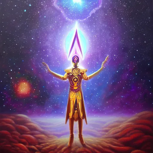 Image similar to facing the dark star with a sword in hand, galactic nebular astral realm sacred journey in oil painting, trending on artstation, award winning, emotional, highly detailed surrealist art