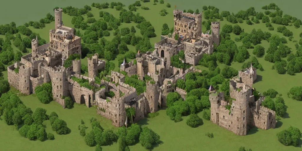 Image similar to medieval castle in a jungle with towers and moat, 3 d, isometric