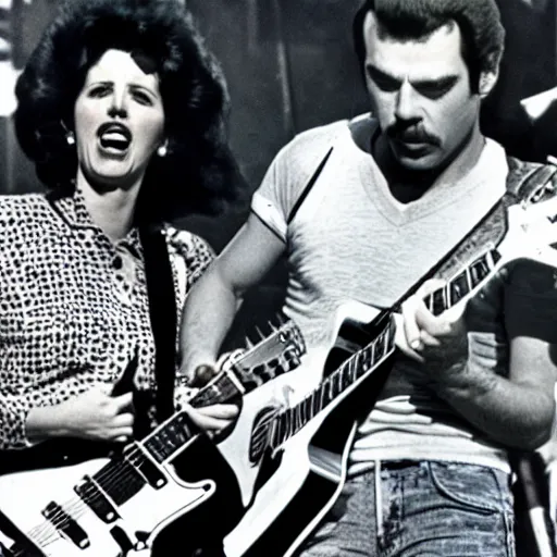 Prompt: photograph of margaret thatcher playing guitar on stage with freddie mercury singing at live aid 1 9 8 3 kodachrome washed out color