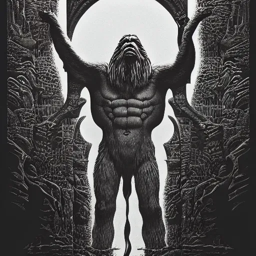 Image similar to cinematic portrait of a bigfoot, Intricate, desaturated, shepard fairey, Wayne Barlowe, Bruce Pennington, donato giancola, larry elmore, maxfield parrish, Moebius, Thomas Ehretsmann, screen print, gouache painting, masterpiece, trending on artstation, cinematic composition, dramatic pose, volumetric lighting, sharp, details, hyper-detailed, HD, 4K, 8K