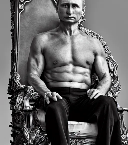 Image similar to A photo of vladimir putin the barbarian sitting on his throne, award winning photography, sigma 85mm Lens F/1.4, perfect faces