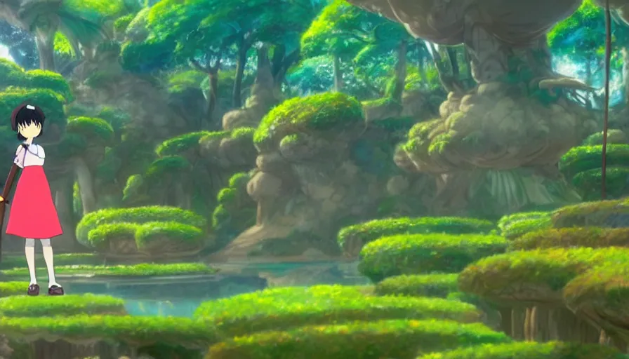 Image similar to 8 k screencap of a girl with a sword on a jardim botanico anime, by hayao miyazaki, studio ghibli, curitiba background extremely high quality artwork