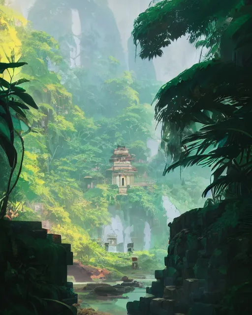 Image similar to forgotten temple, lush vegetation, waterfalls, cory loftis, james gilleard, atey ghailan, makoto shinkai, goro fujita, rim light, exquisite lighting, clear focus, very coherent, plain background, soft painting