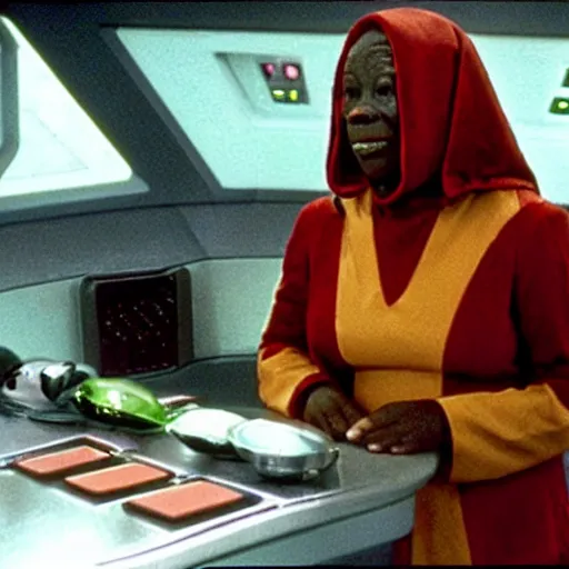 Image similar to guinan from star trek wearing random kitchen tools on her head on the starship enterprise, whoopi goldberg
