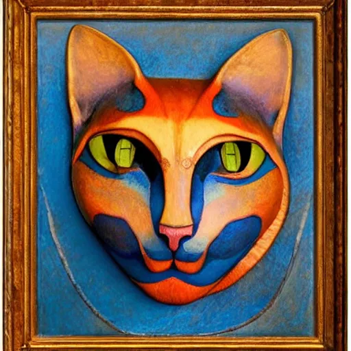 Image similar to cloisonne cat head sculpture, by annie swynnerton and diego rivera and nicholas roerich and jean delville, symbolist, dramatic lighting, god rays, art brut, rich colors, smooth, sharp focus, extremely detailed, adolf wolfli