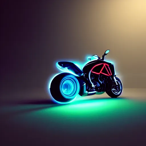 Prompt: full shot of a box - shaped sci - fi vehicle made from dark glass and plastic surfaces with neon kanji decals in the style of bladerunner 2 0 4 9, ducati diavel, side lights, studio lighting, octane render, light background