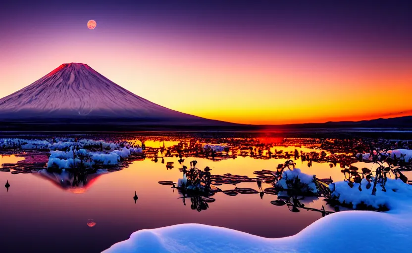 Prompt: professional photo of a snow topped volcano lit by the sunset, lotus flowers on the water, artstation, smooth light