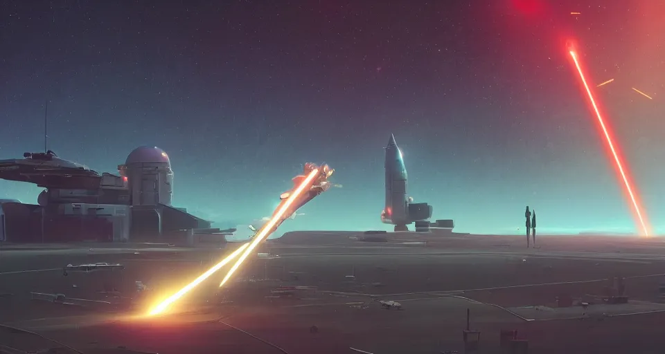 Prompt: GIANT suborbital laser satellite shooting a beam at the ground, neon, cinematic, rendered by Beeple, Makoto Shinkai, syd meade, simon stålenhag, star wars, inspired by Gundam, environment concept, digital art, unreal engine, 3 point perspective, WLOP, trending on artstation, low level, 4K UHD image, octane render,