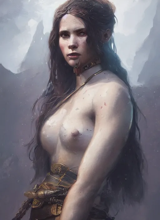 Image similar to A portrait of a warrior princess in the style of Charles Sillem Lidderdale, in the style of Greg Rutkowski, artstation, high quality art