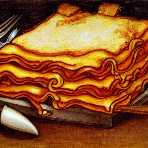 Prompt: garfield eating lasagna by leonardo davinci