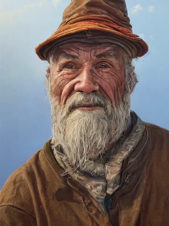 Image similar to realistic renderings portrait of very old fisher man portrait with a hat, wearing a fisher 🧥, port scene background, astonishing scenes, detailed, photorealism, volumetric lighting, autumn lights colors, ultra detailed