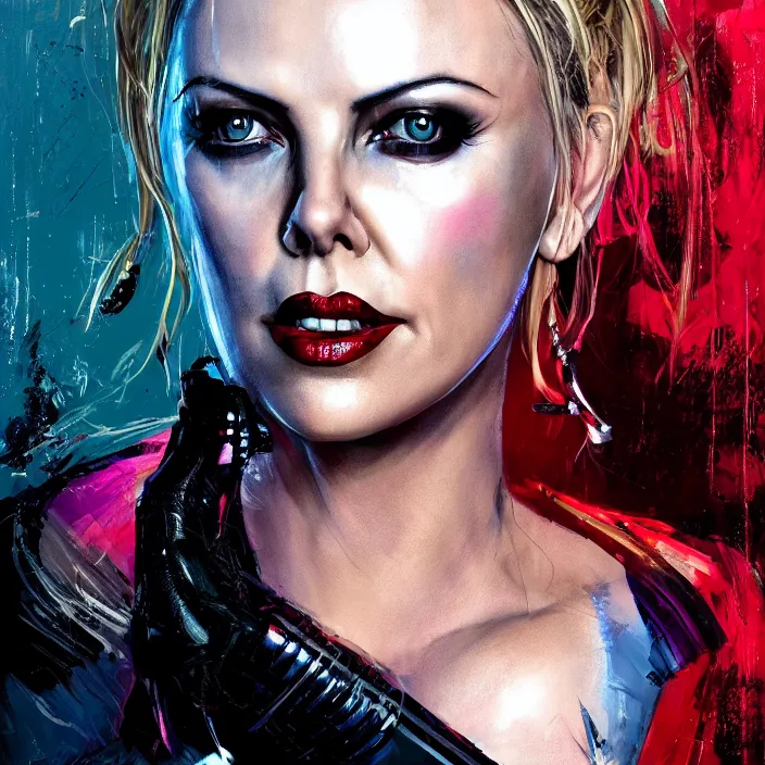 Image similar to portrait of Charlize Theron as a harley quinn. intricate abstract. intricate artwork. by Tooth Wu, wlop, beeple, dan mumford. octane render, trending on artstation, greg rutkowski very coherent symmetrical artwork. cinematic, hyper realism, high detail, octane render, 8k, iridescent accents