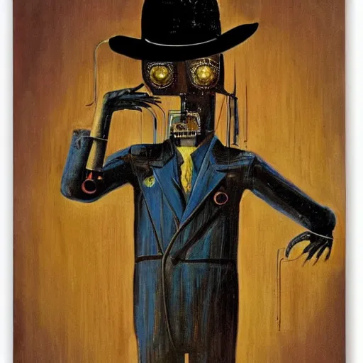 Image similar to A portrait of a humanoid cyberpunk cow wearing a suit, eerie, by Salvador Dali