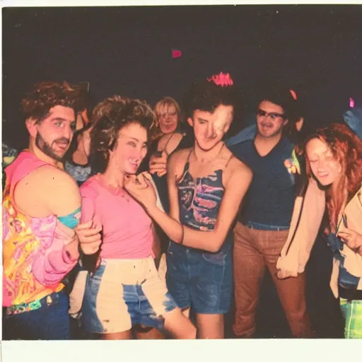 Prompt: a polaroid photo of an 8 0 s party after dark