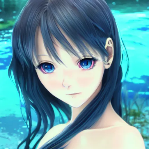 Image similar to a very beautiful anime girl wearing a dress made of water standing in a crystal lake , full body, long black hair, azure blue watery eyes, full round face, seductive stare, cinematic lighting, closeup shot, mid-shot, highly realistically detailed, trending on artstation, Unreal Engine 4k, Stanley Artgerm Lau, WLOP, Rossdraws, James Jean, Andrei Riabovitchev, Marc Simonetti, and Sakimichan