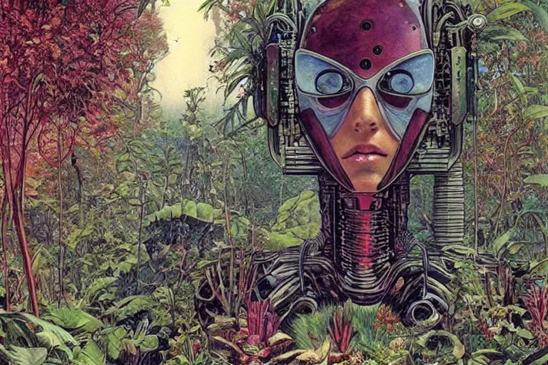 Prompt: gigantic robot - girl head floating in the space, a lot of exotic plants, trees, flowers, oldschool vintage sci - fi flat surreal grainy design, super - detailed, painting by enki bilal and moebius